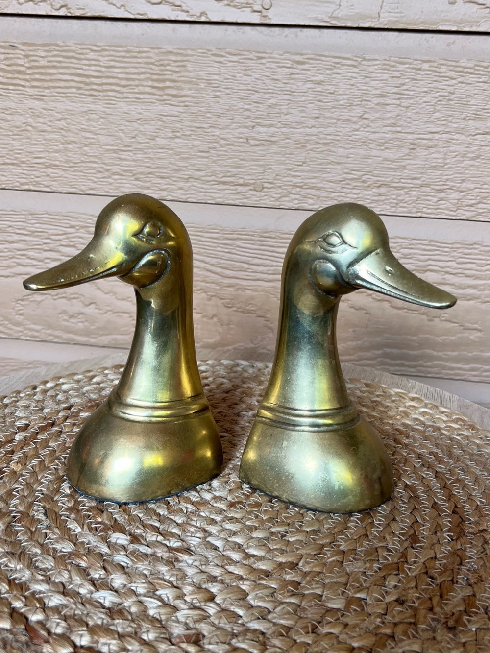 Vtg MCM Solid Brass Mallard Duck Head Book Ends Animal Leonard Silver Mfg Co